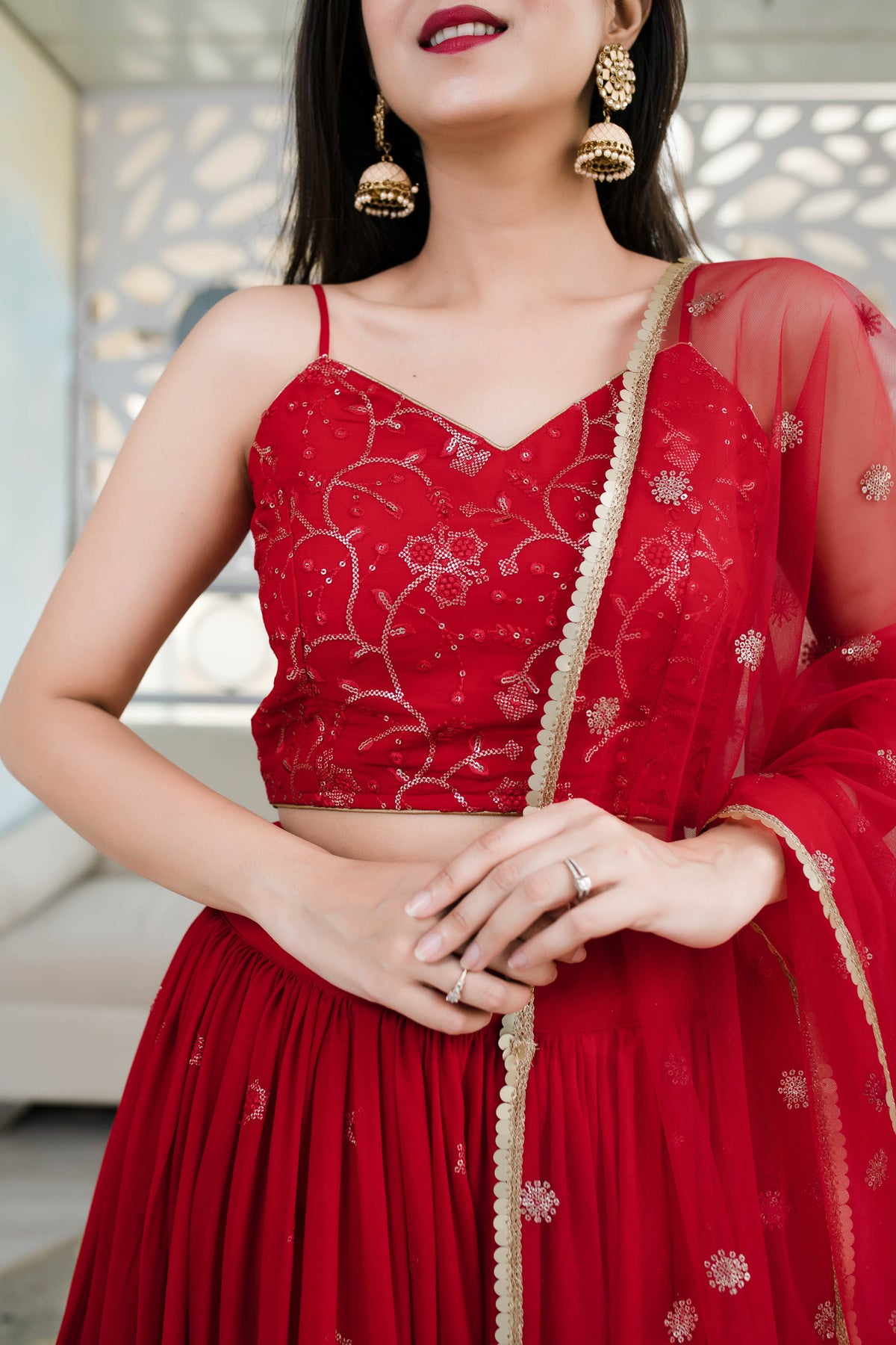 Stylish Red Georgette Lehenga with Net Dupatta