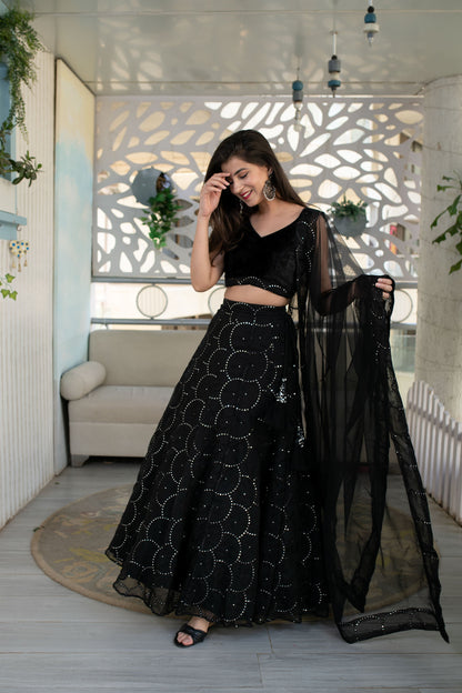Black Mirror Work Organza Reception Wear Lehenga Choli