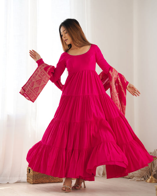 Rani pink Anarkali dress with brocade Banarasi dupatta