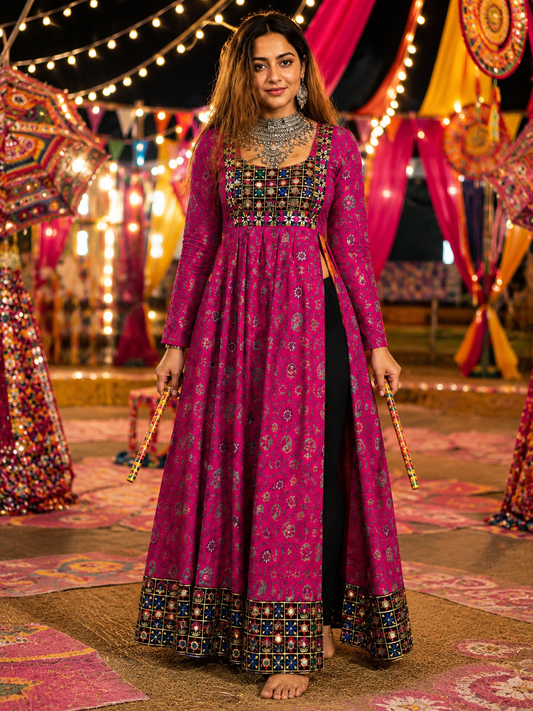 Pink Ethnic Navratri Kurti with Thread & Mirror Work