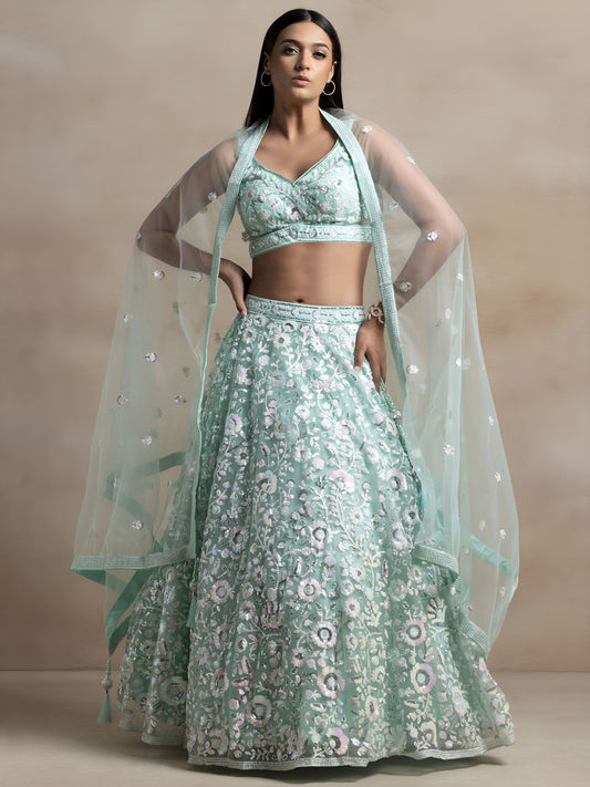 Designer Mint Green Floral Multiple Sequins Embroidered Lehenga Choli