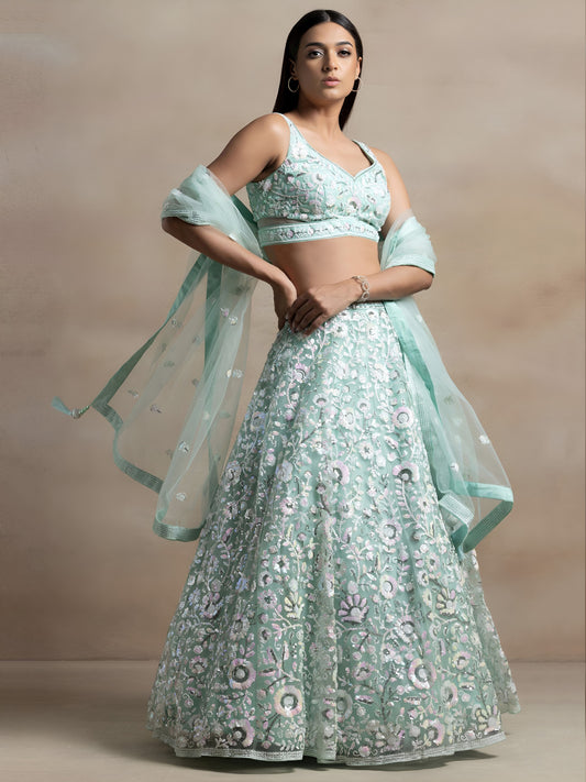 Designer Mint Green Floral Multiple Sequins Embroidered Lehenga Choli