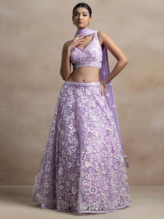 Designer Lavender Floral Multiple Sequins Embroidered Lehenga Choli