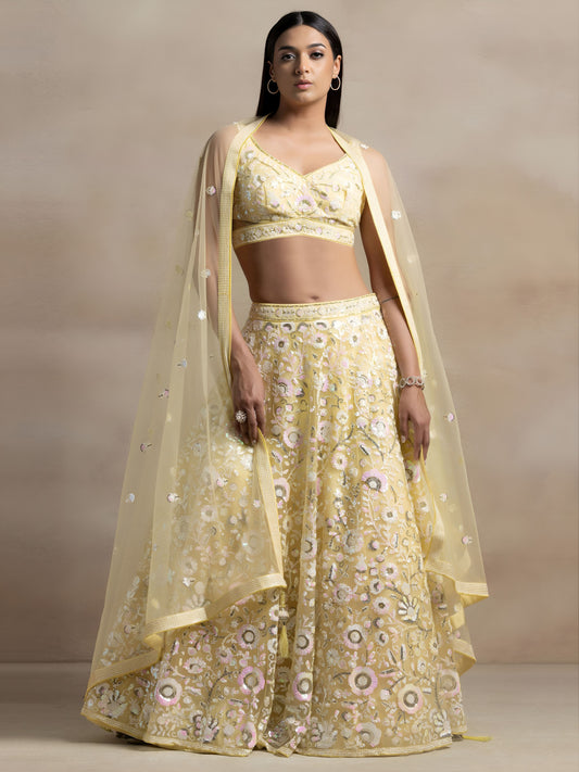 Designer Yellow Floral Multiple Sequins Embroidered Lehenga Choli