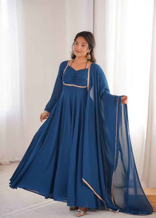 Teal Blue Pure Blooming Georgette Anarkali Gown