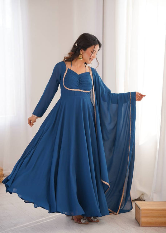 Teal Blue Pure Blooming Georgette Anarkali Gown