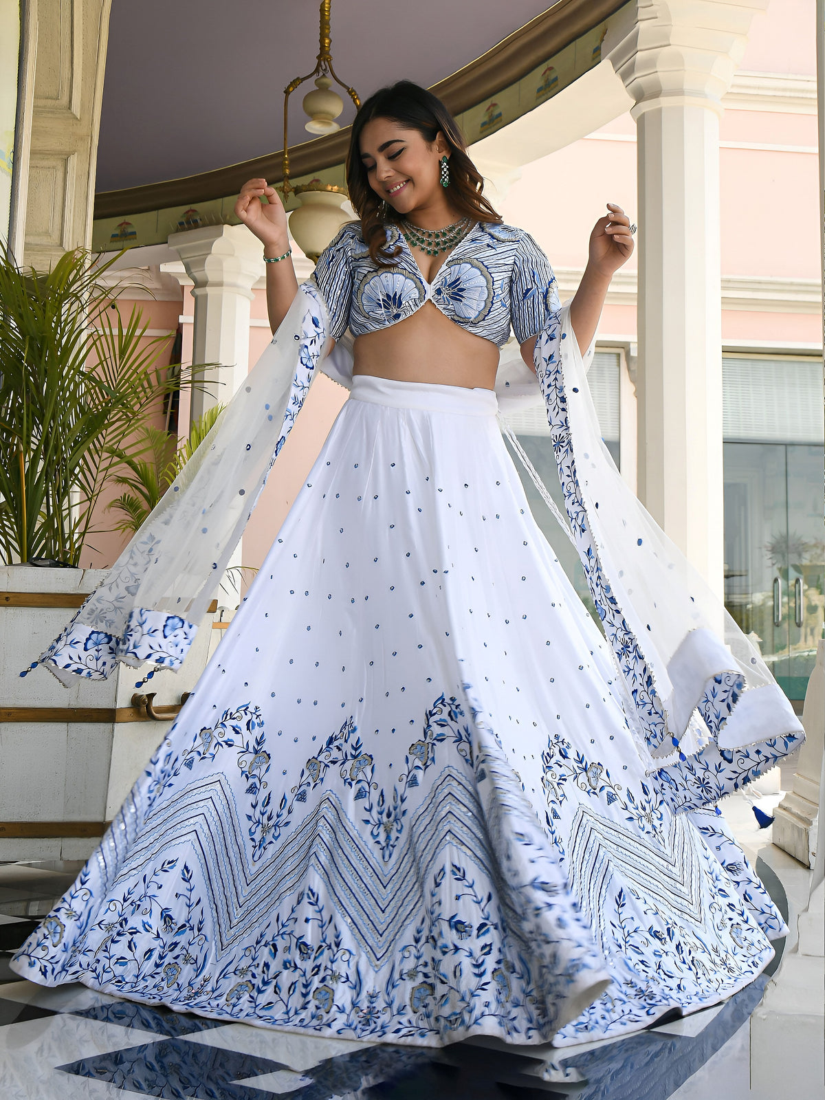 White & Blue Satin Embroidered Lehenga Choli with Dupatta