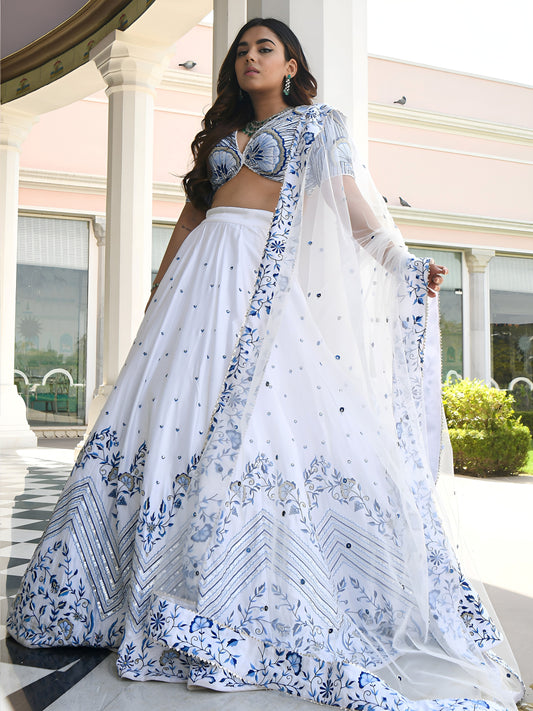 White & Blue Satin Embroidered Lehenga Choli with Dupatta