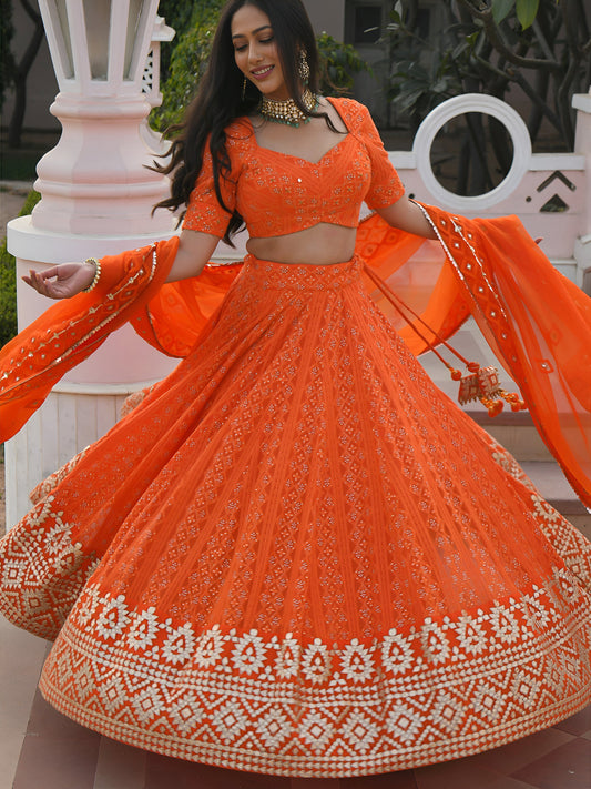Designer Orange Georgette Sequins Embroidered Lehenga Choli with Dupatta