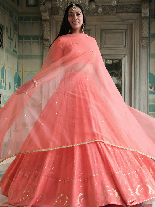 Peach Pink Georgette Embroidered Lehenga Choli with Organza Dupatta
