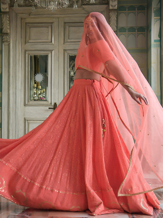 Peach Pink Georgette Embroidered Lehenga Choli with Organza Dupatta