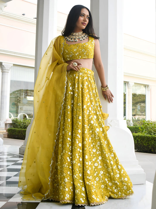 Yellow Georgette Sequins Thread Embroidered Lehenga Choli with Organza Dupatta