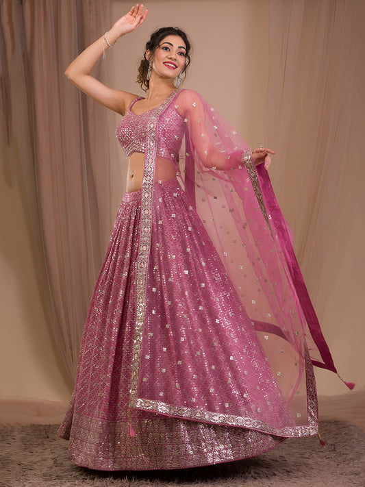 Pink Georgette Zari Multiple Sequins Embroidered Lehenga Choli with Soft Net Dupatta