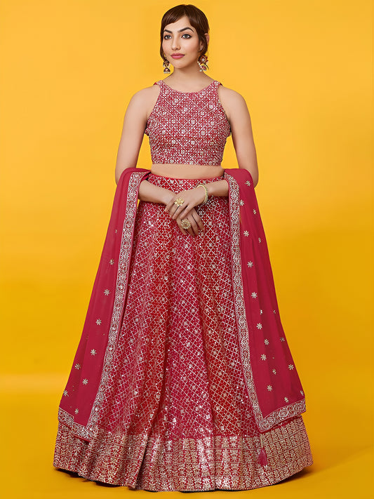 Red Georgette Zari Multiple Sequins Embroidered Lehenga Choli with Soft Net Dupatta
