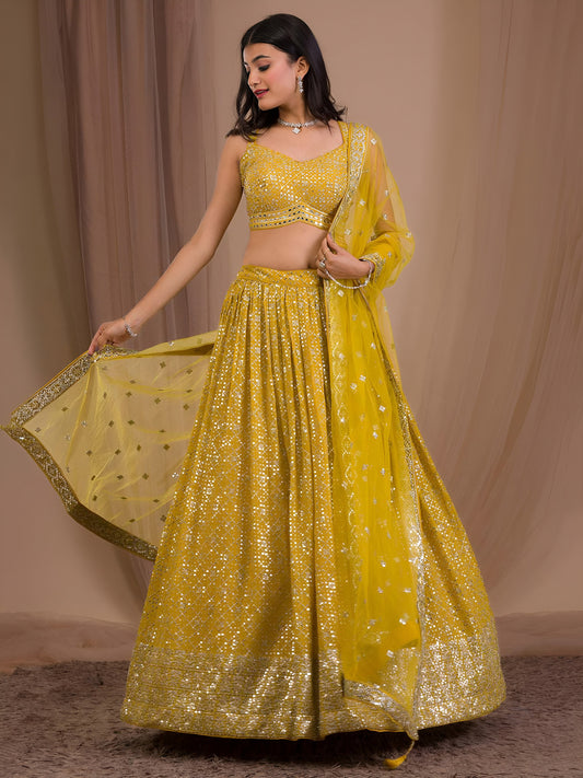 Yellow Georgette Zari Multiple Sequins Embroidered Lehenga Choli with Soft Net Dupatta