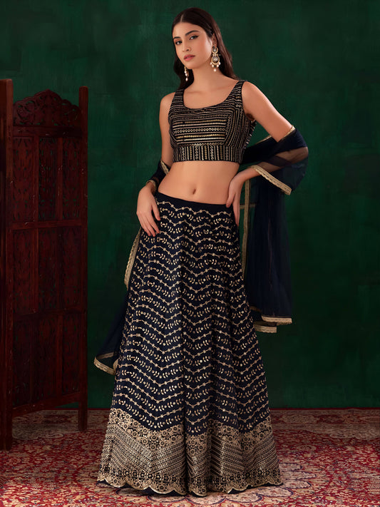 Navy Blue Georgette Zari Sequins Embroidered Lehenga Choli with Soft Net Dupatta