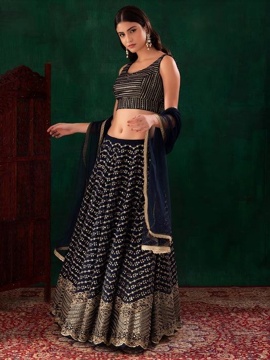 Navy Blue Georgette Zari Sequins Embroidered Lehenga Choli with Soft Net Dupatta