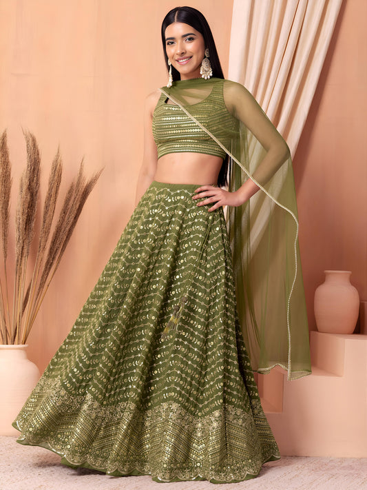 Olive Green Georgette Zari Sequins Embroidered Lehenga Choli with Soft Net Dupatta