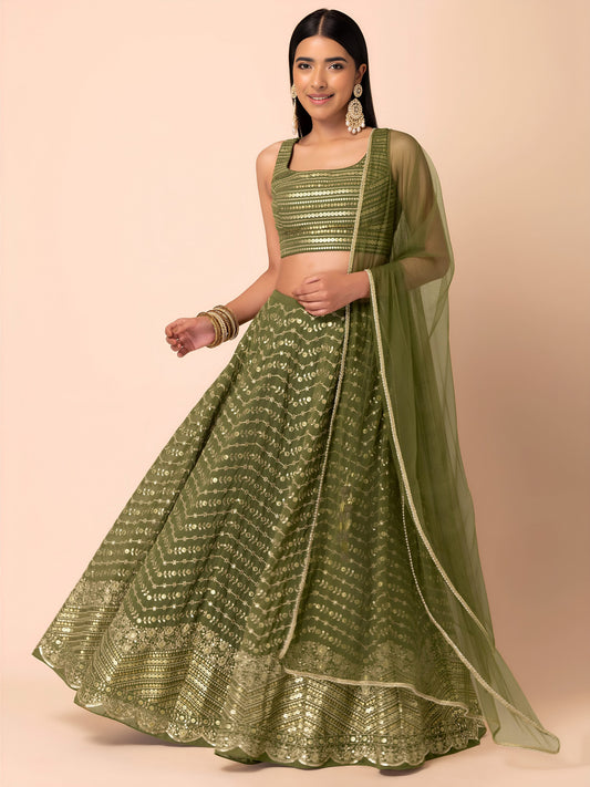 Olive Green Georgette Zari Sequins Embroidered Lehenga Choli with Soft Net Dupatta