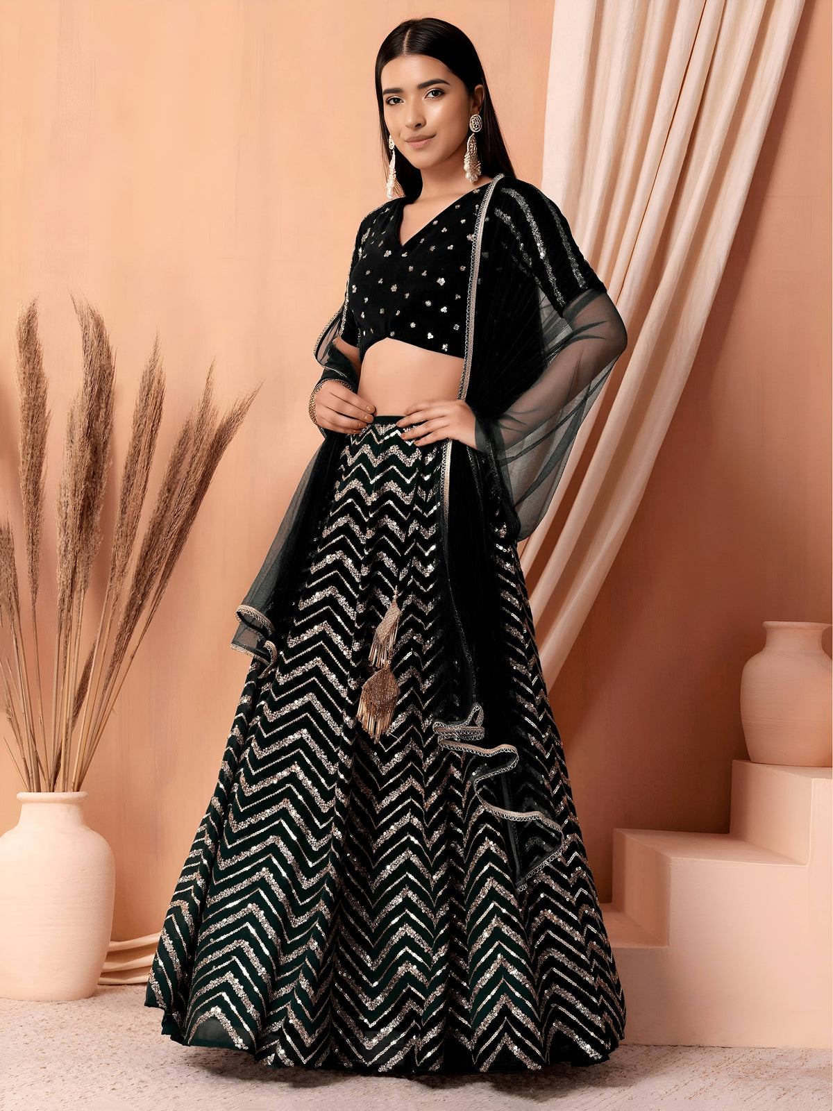Designer Party Wear Emerald Green Georgette Sequins Embroidered Lehenga Choli
