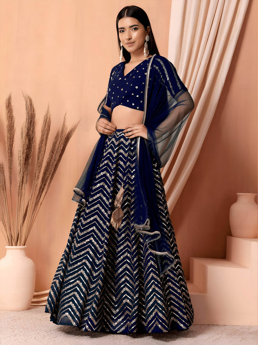 Designer Party Wear Royal Blue Georgette Sequins Embroidered Lehenga Choli