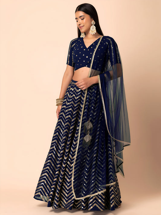 Designer Party Wear Royal Blue Georgette Sequins Embroidered Lehenga Choli