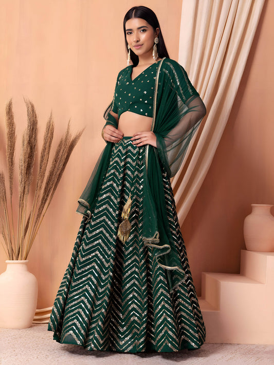 Designer Party Wear Emerald Green Georgette Sequins Embroidered Lehenga Choli
