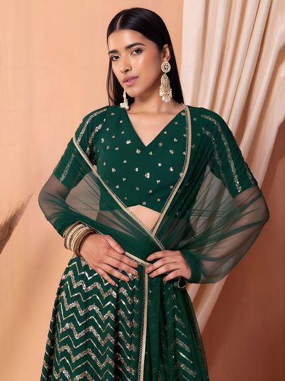 Designer Party Wear Emerald Green Georgette Sequins Embroidered Lehenga Choli