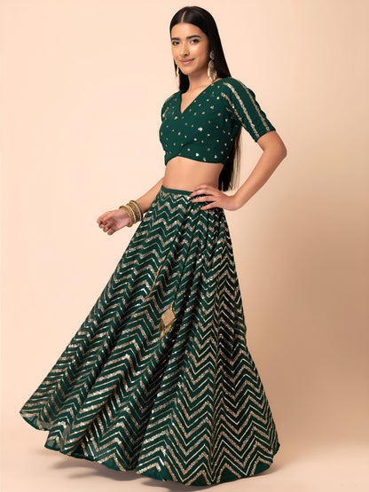 Designer Party Wear Emerald Green Georgette Sequins Embroidered Lehenga Choli