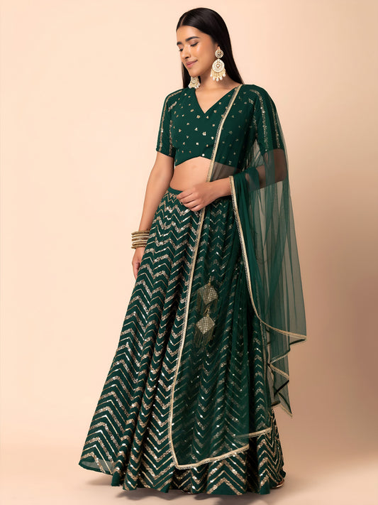 Designer Party Wear Emerald Green Georgette Sequins Embroidered Lehenga Choli