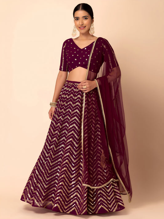 Designer Party Wear Maroon Georgette Sequins Embroidered Lehenga Choli