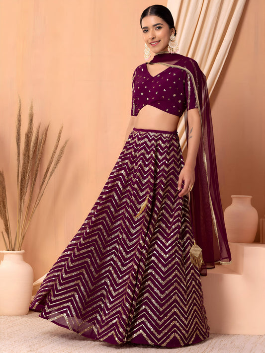 Designer Party Wear Maroon Georgette Sequins Embroidered Lehenga Choli