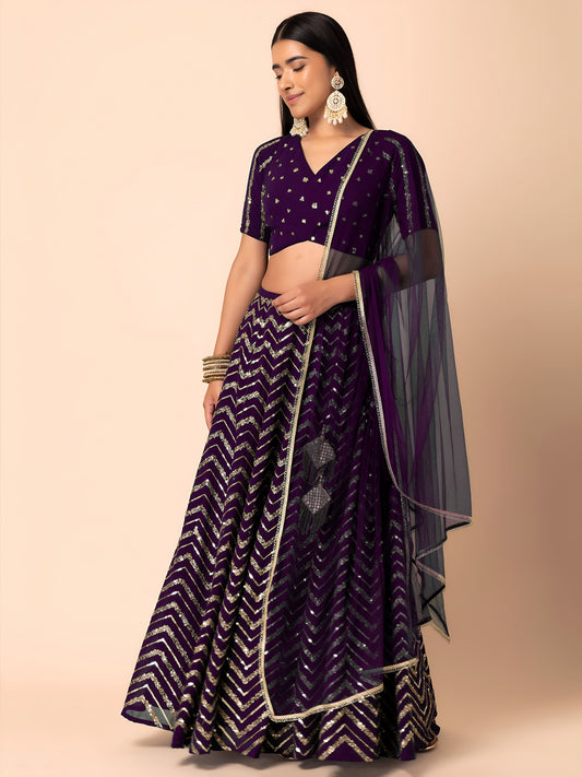 Designer Party Wear Purple Georgette Sequins Embroidered Lehenga Choli