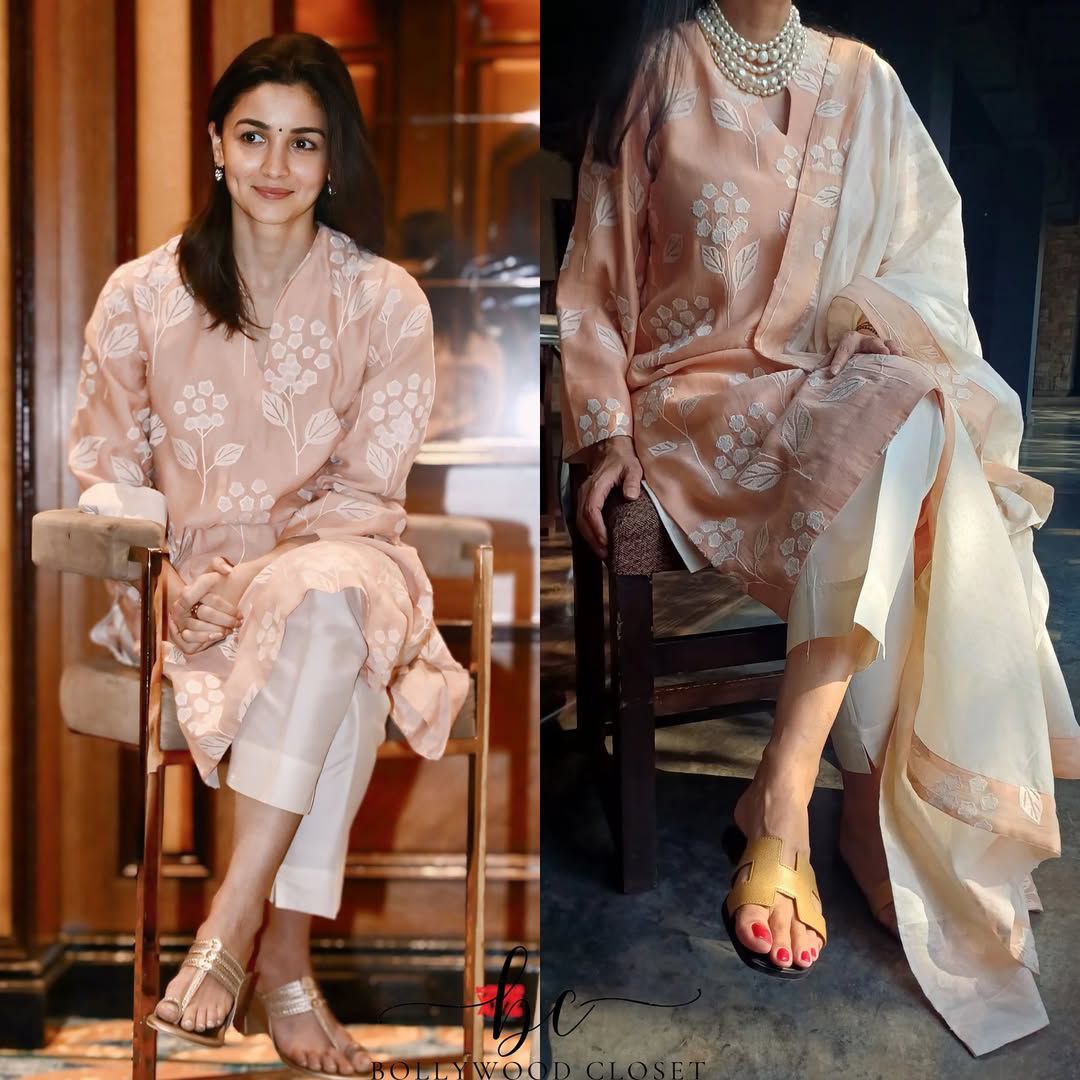 Alia Bhatt Peach Floral Embroidered Kurta Set with Ivory Dupatta