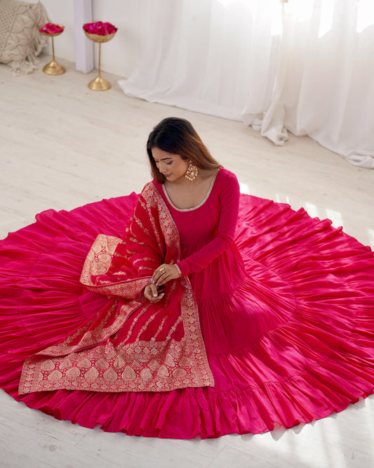 Rani pink Anarkali dress with brocade Banarasi dupatta