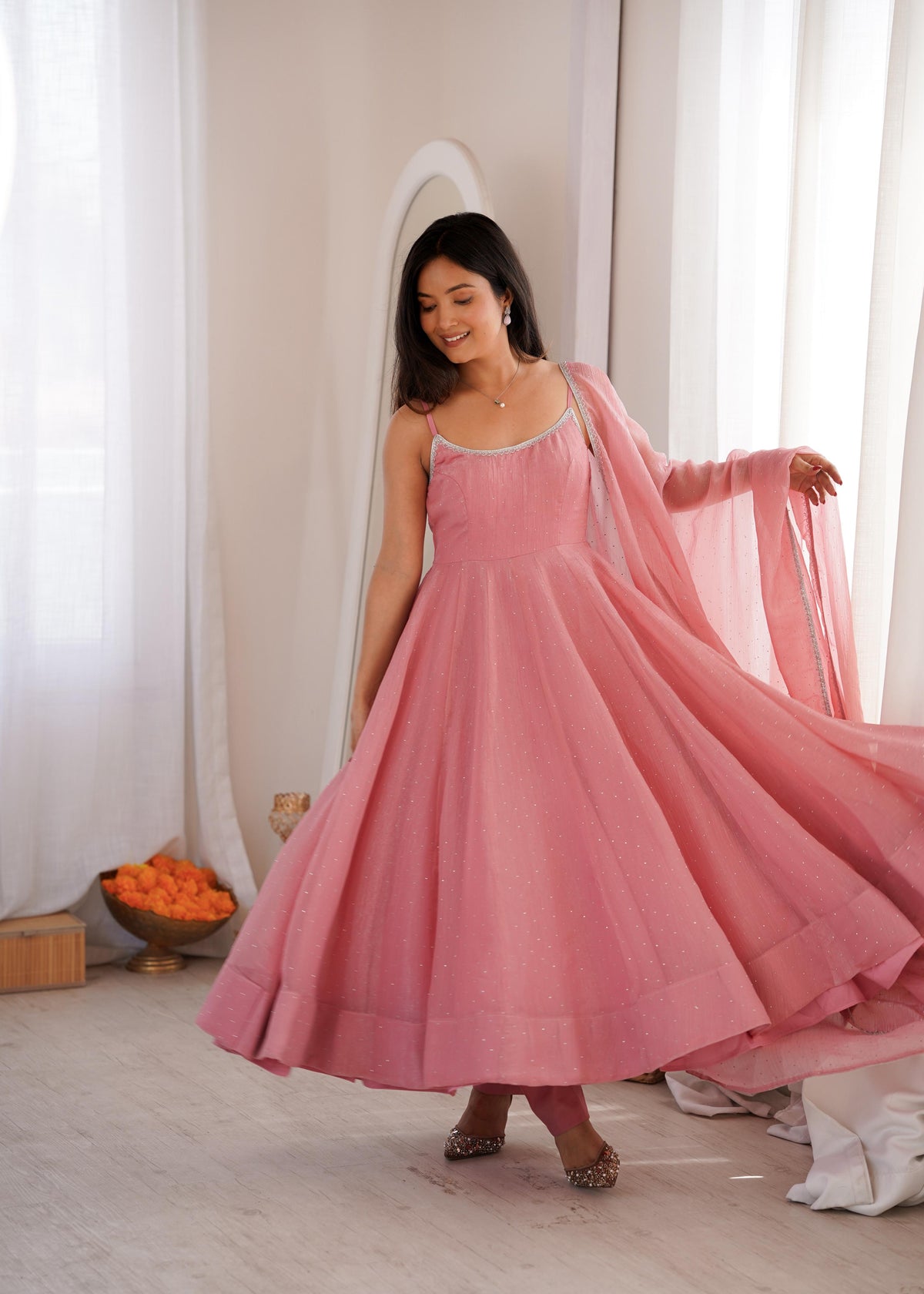 Baby Pink Crunchy Silk Anarkali Gown Set with Dupatta