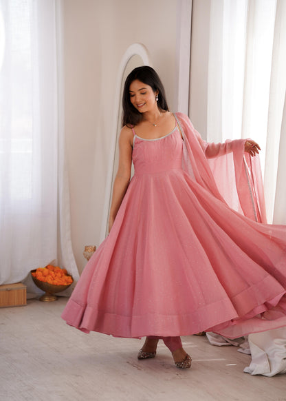 Baby Pink Crunchy Silk Anarkali Gown Set with Dupatta