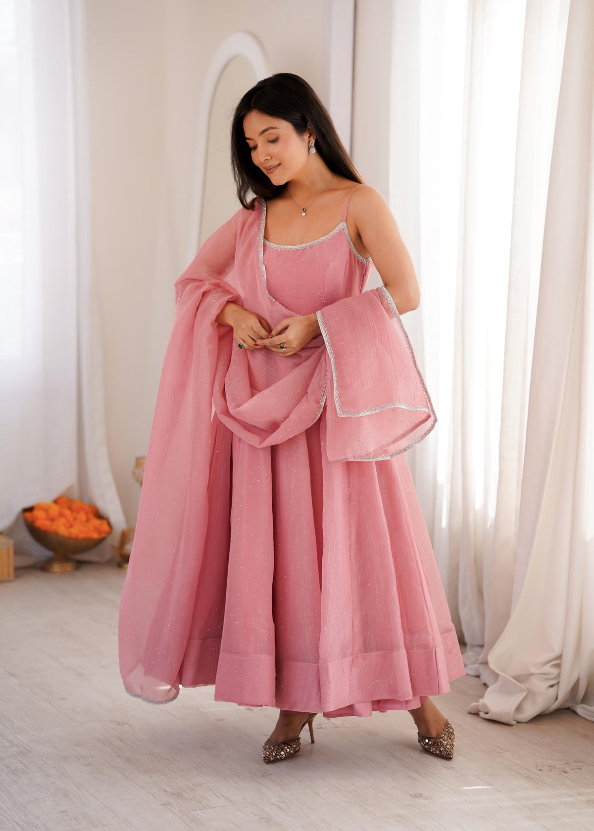 Baby Pink Crunchy Silk Anarkali Gown Set with Dupatta
