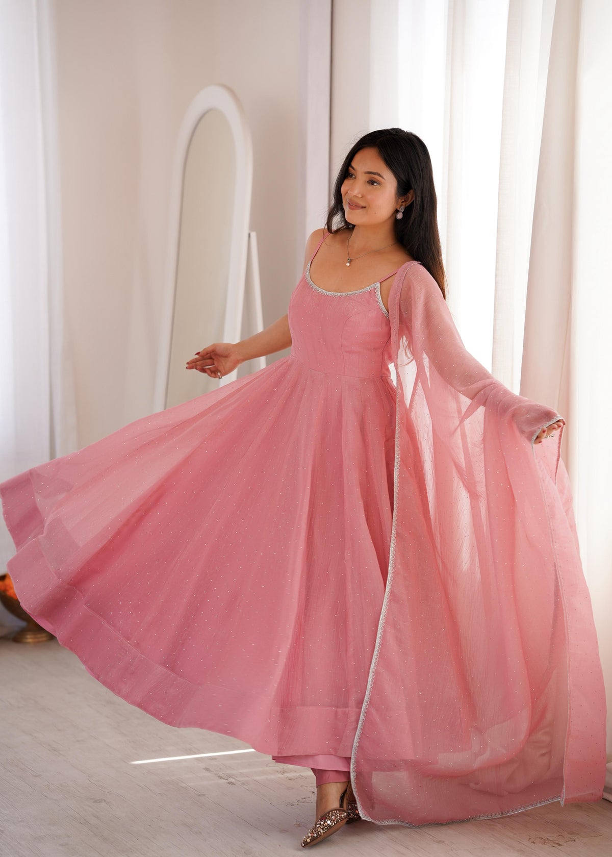 Baby Pink Crunchy Silk Anarkali Gown Set with Dupatta