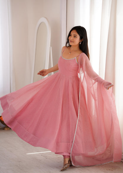Baby Pink Crunchy Silk Anarkali Gown Set with Dupatta