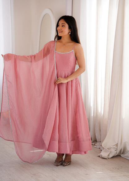 Baby Pink Crunchy Silk Anarkali Gown Set with Dupatta