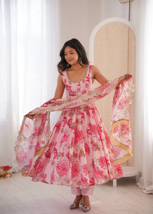 Elegant Blush Pink Muslin Anarkali Dress with Organza Dupatta