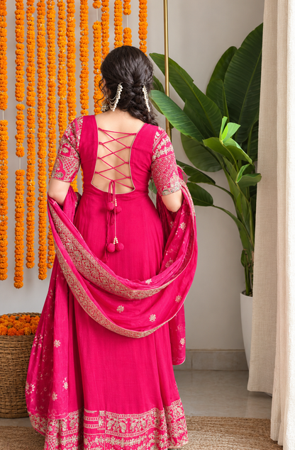 Fuchsia Pink Anarkali Gown with Heavy Embroidered Dupatta