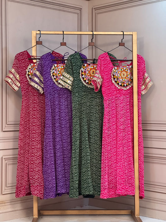 Bandhani Print Kurti with Kutchi Gamthi Patchwork & Mirror Work