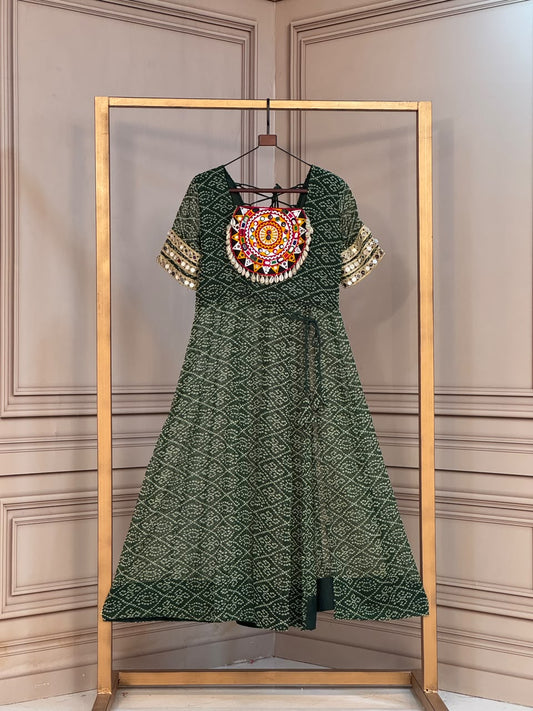 Bandhani Print Kurti with Kutchi Gamthi Patchwork & Mirror Work