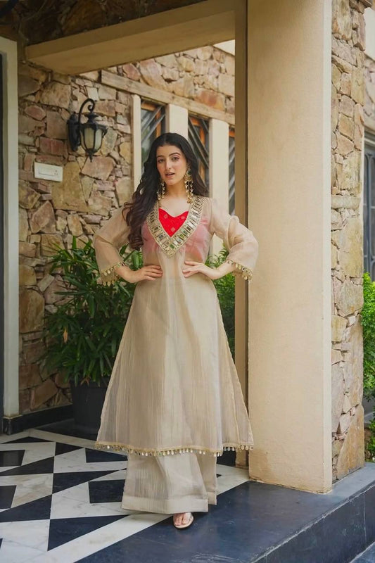 Beige Mirror Embellished Indo Western Set