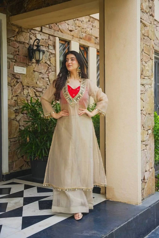 Beige Mirror Embellished Indo Western Set
