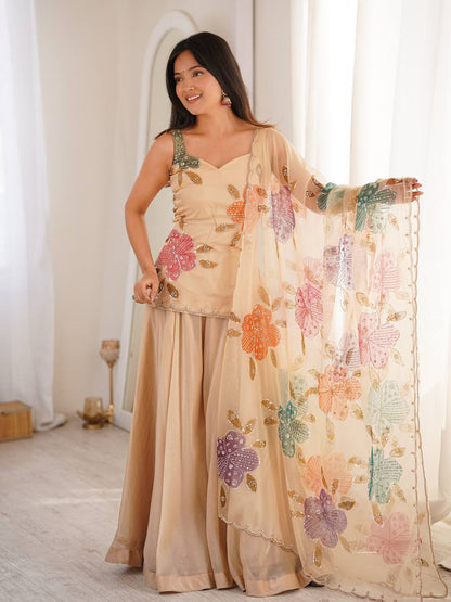 Designer Beige Organza Silk Palazzo Suit with Floral Embroidery