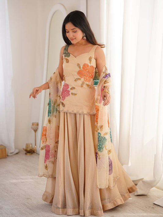 Designer Beige Organza Silk Palazzo Suit with Floral Embroidery