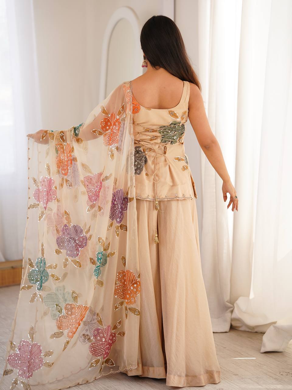 Designer Beige Organza Silk Palazzo Suit with Floral Embroidery